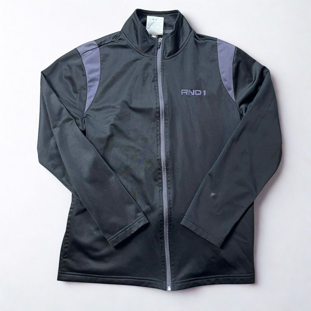 AND1 Jacket Men L Black Full Zip Track Athletic Logo Activewear Basketball